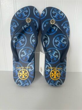 NEW Tory Burch Navy and Blue Logo Thin Strap Flip Flops - Size 7 *NWT*